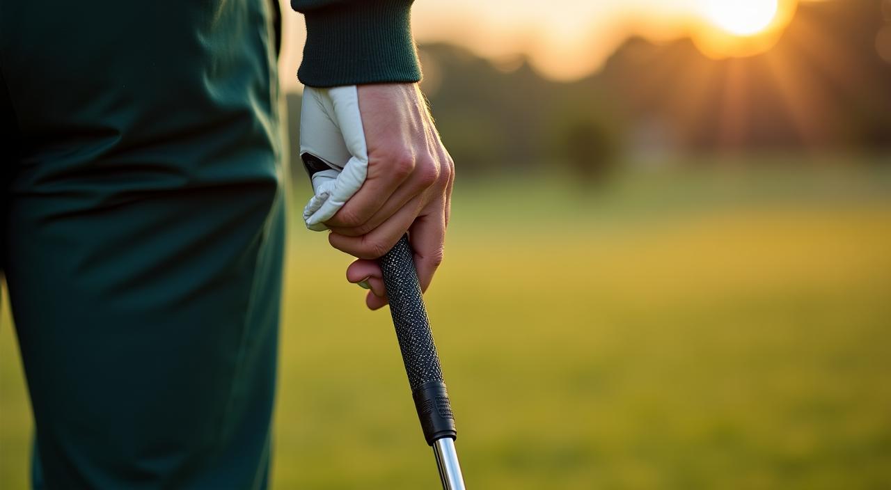 精密なテキスタイルテクスチャを持つゴルフグリップを握るプロのゴルファーの手元